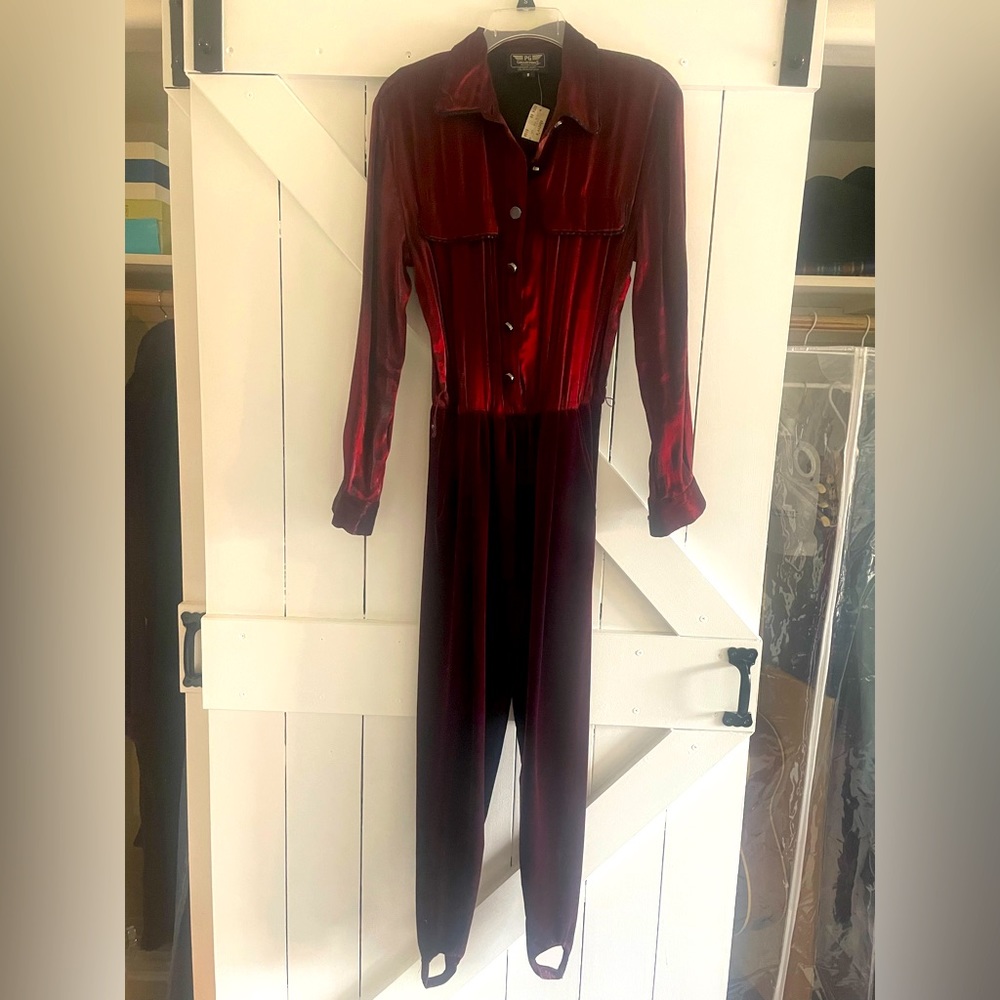 New burgundy velvet evening one piece pants suit with belt.